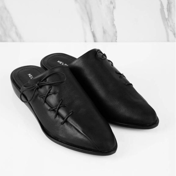 Black Stitched Leather Closed Toe Lace Up Mules - Picture 7 of 8